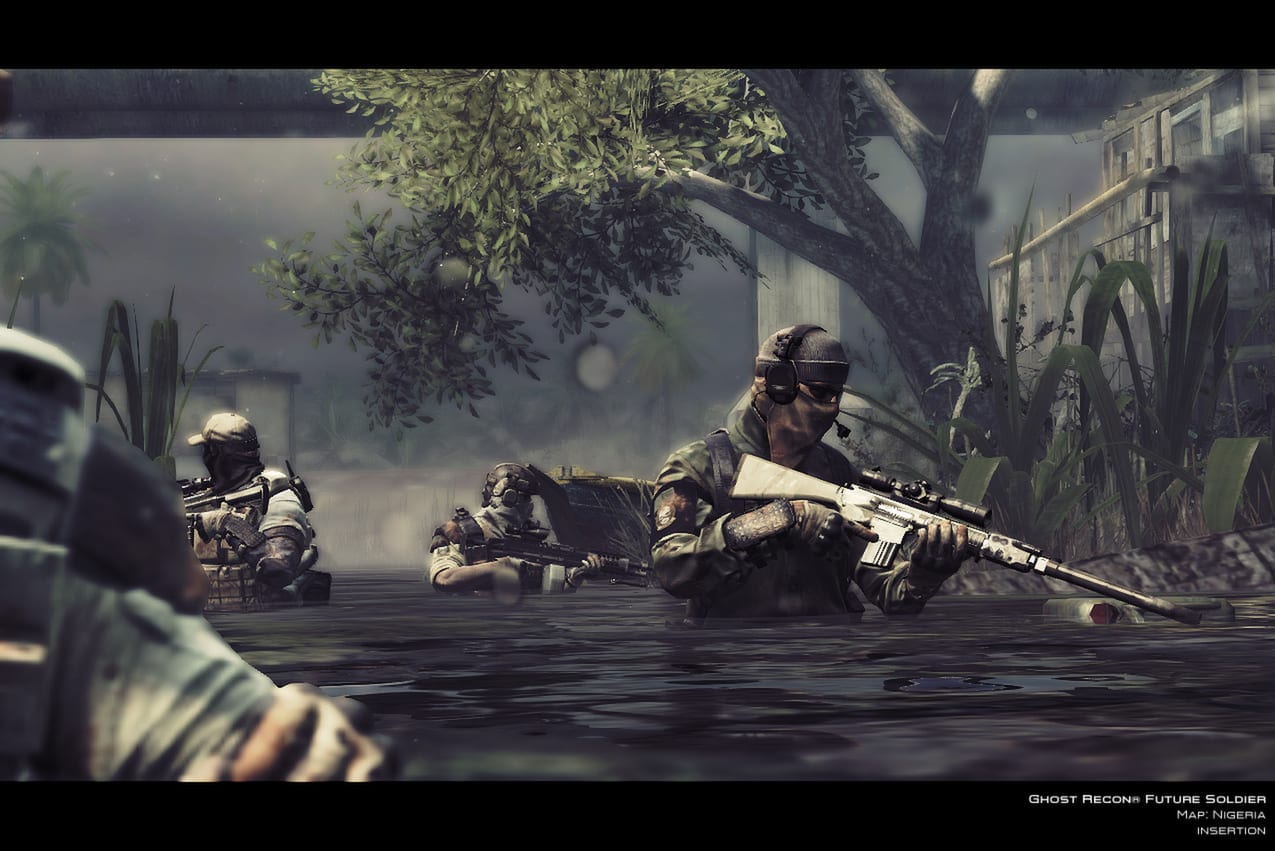 Hunter squad wading through a Nigerian swamp with scoped rifles during a Future Soldier insertion